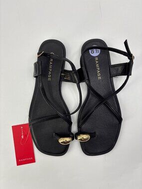 Rampage Flat Strappy Sandal With Gold Metal Toe Ornament Black Size 8.5 NEW